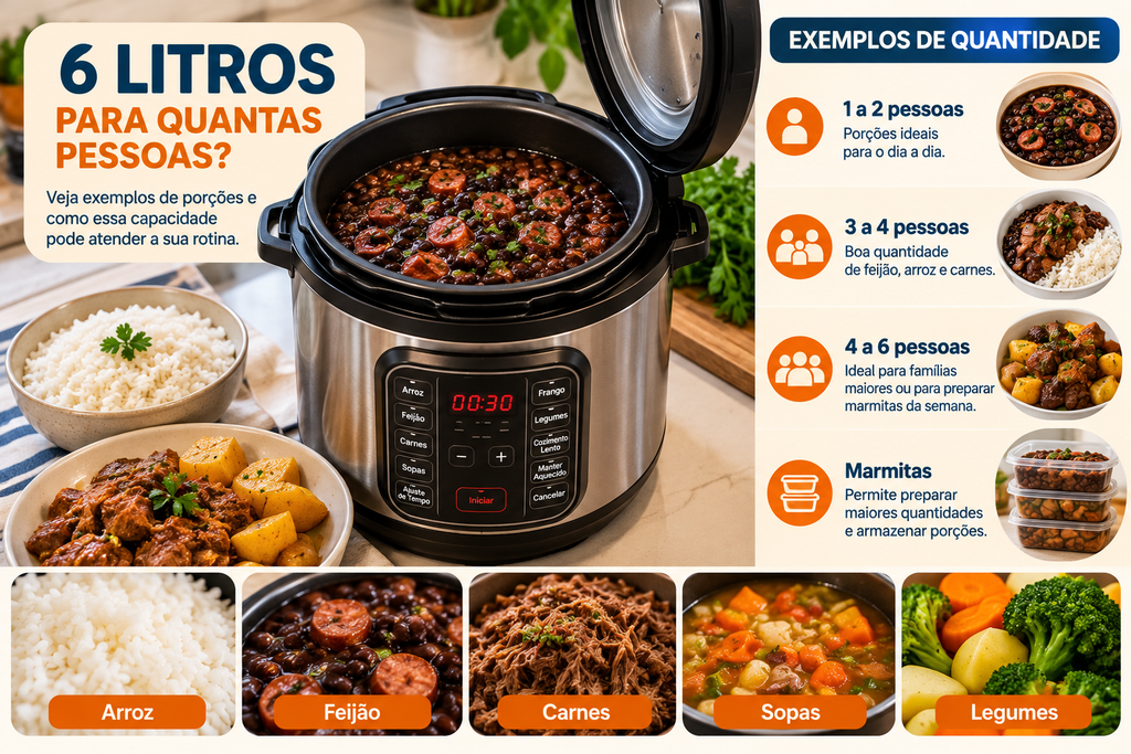 Panela de pressão elétrica de 6 litros com exemplos de porções para diferentes tamanhos de família
