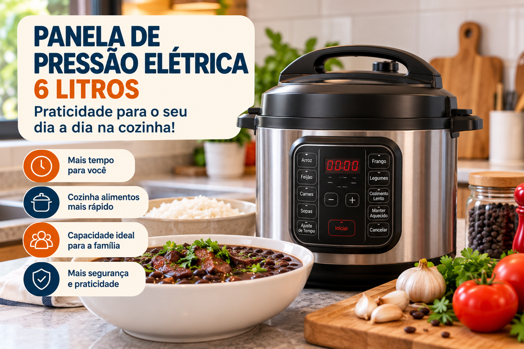 Panela de pressão elétrica de 6 litros em uma cozinha com alimentos preparados