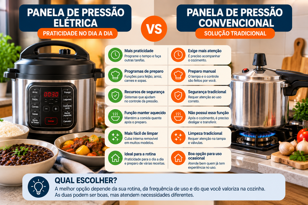 Comparação entre panela de pressão elétrica e panela de pressão convencional