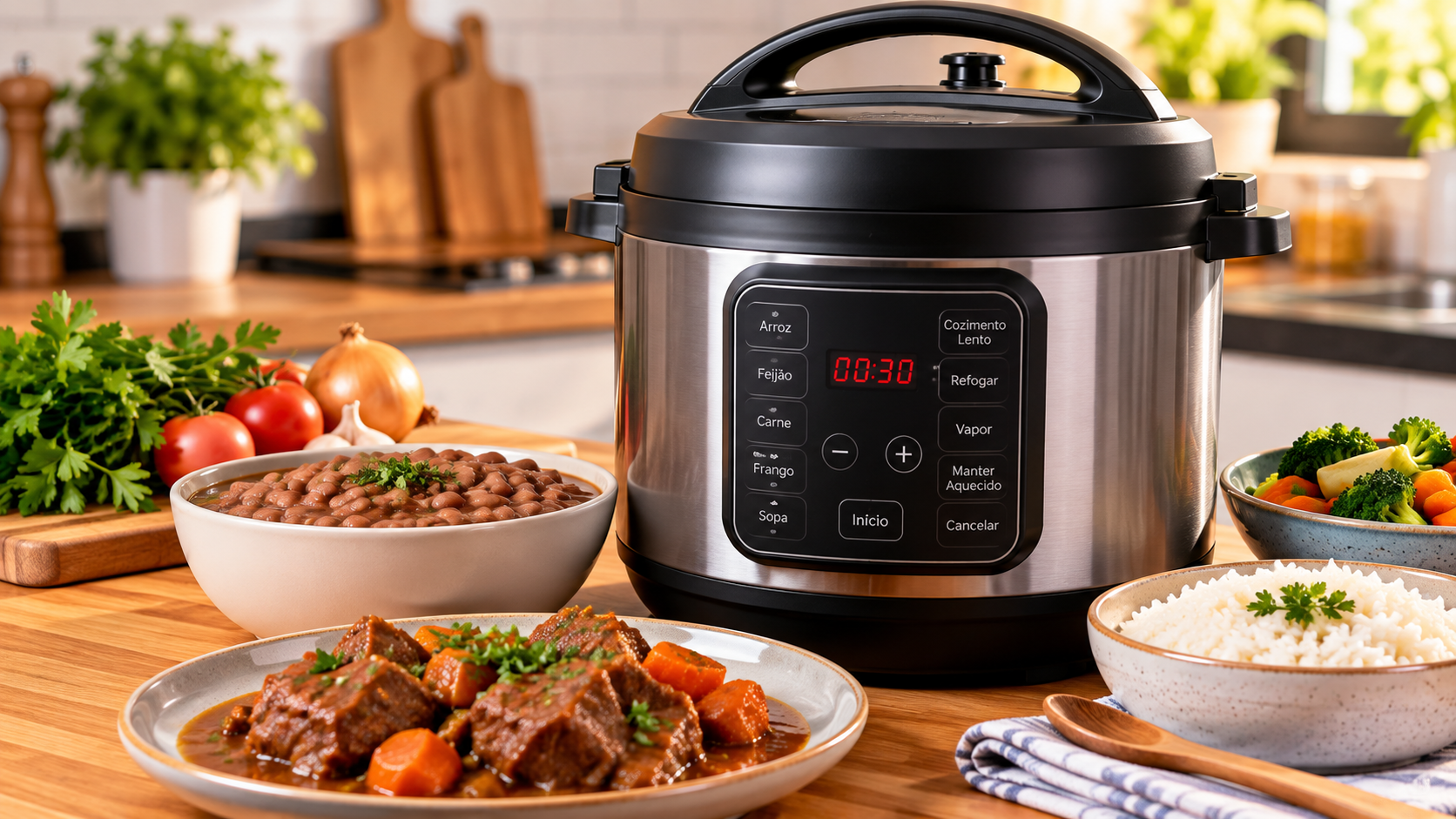 Panela de pressão elétrica de 6 litros em uma cozinha com feijão, arroz e outros alimentos preparados.
