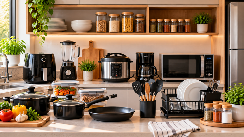 Eletrodomésticos e utensílios organizados em uma cozinha com bancada e armários.